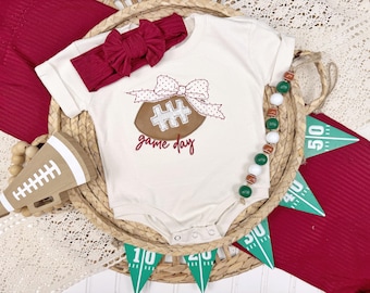 Baby Girl Football Outfit, Game Day Bodysuit with Headwrap
