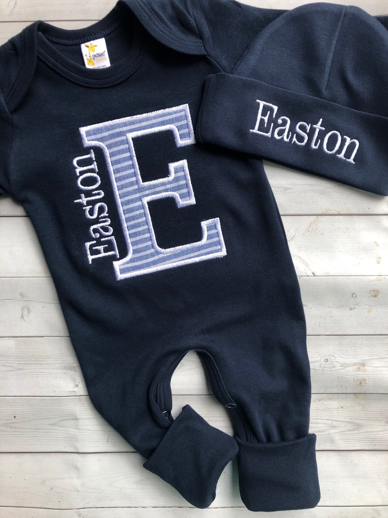 Personalized Navy Baby Romper and Hat Set Custom Infant Boy Etsy