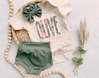 Personalized olive green and pink newborn outfit, custom name girl, coming home outfit for baby girl, baby girl outfit