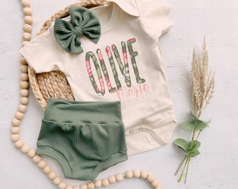 Personalized olive green and pink newborn outfit, custom name girl, coming home outfit for baby girl, baby girl outfit, hospital outfit girl