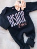 Personalized navy floral girl romper and bow, custom infant girl coming home outfit, baby shower gift, sleeper with footies 