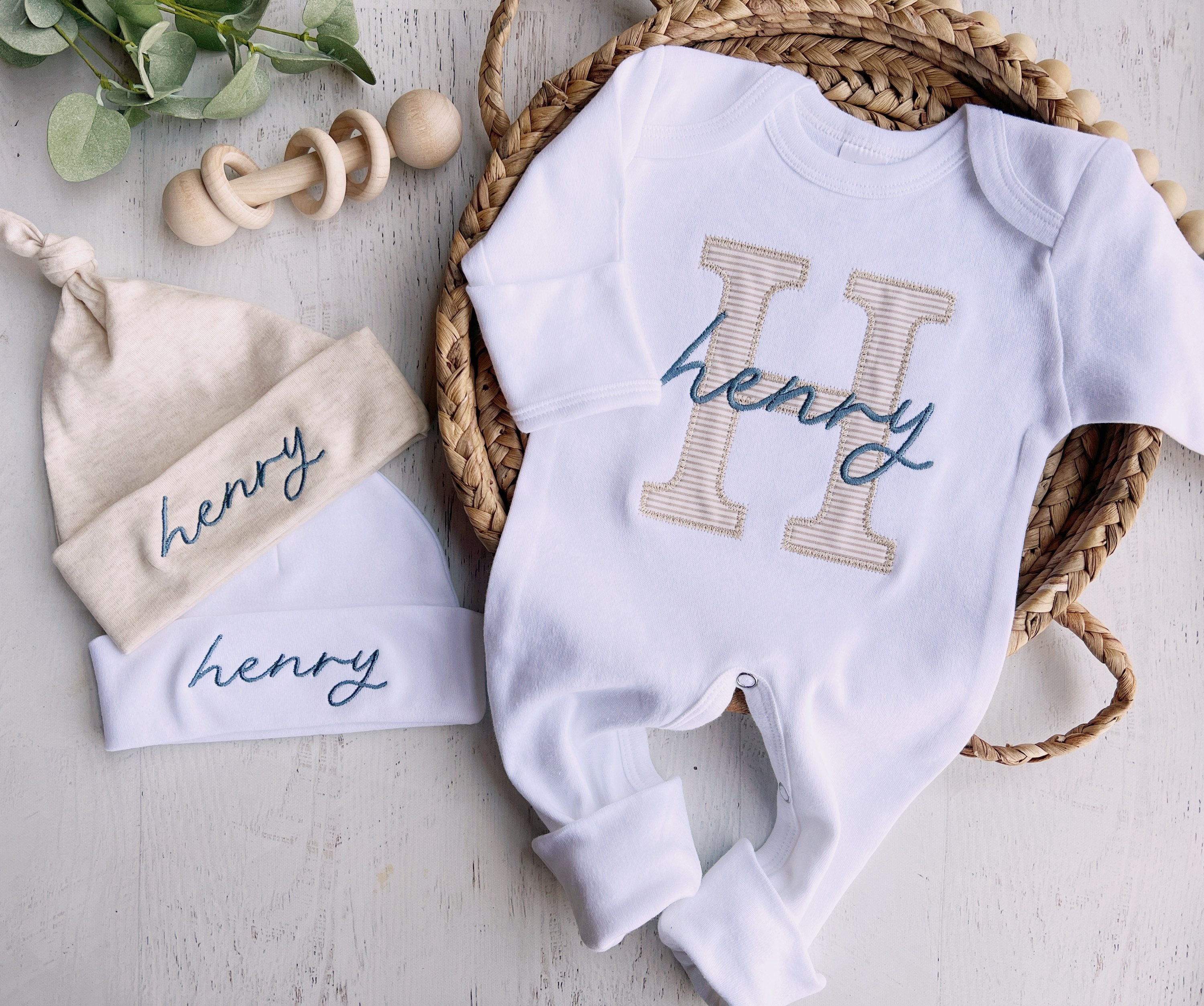 Personalized Neutral Baby Romper And Hat Set, Custom Infant Boy Coming Home Outfit