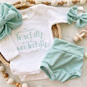 Fearfully and Wonderfully Made white bodysuit and bummies, soft teal turban and bow, Christian baby outfit, religious
