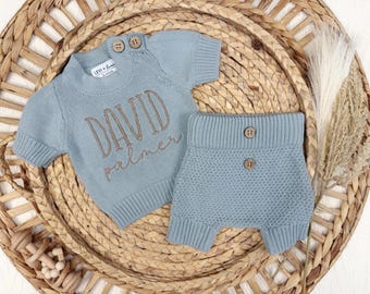 Newborn knitted baby shorts set, summer baby shorts outfit, coming home outfit for boy