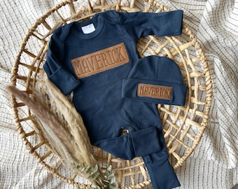 Personalized leather patch baby romper and hat set, custom infant boy coming home outfit, baby shower gift, with footies