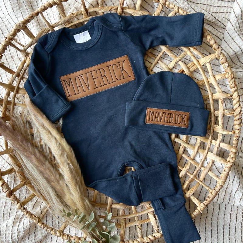 Personalized leather patch baby romper and hat set, custom infant boy coming home outfit, baby shower gift, with footies
