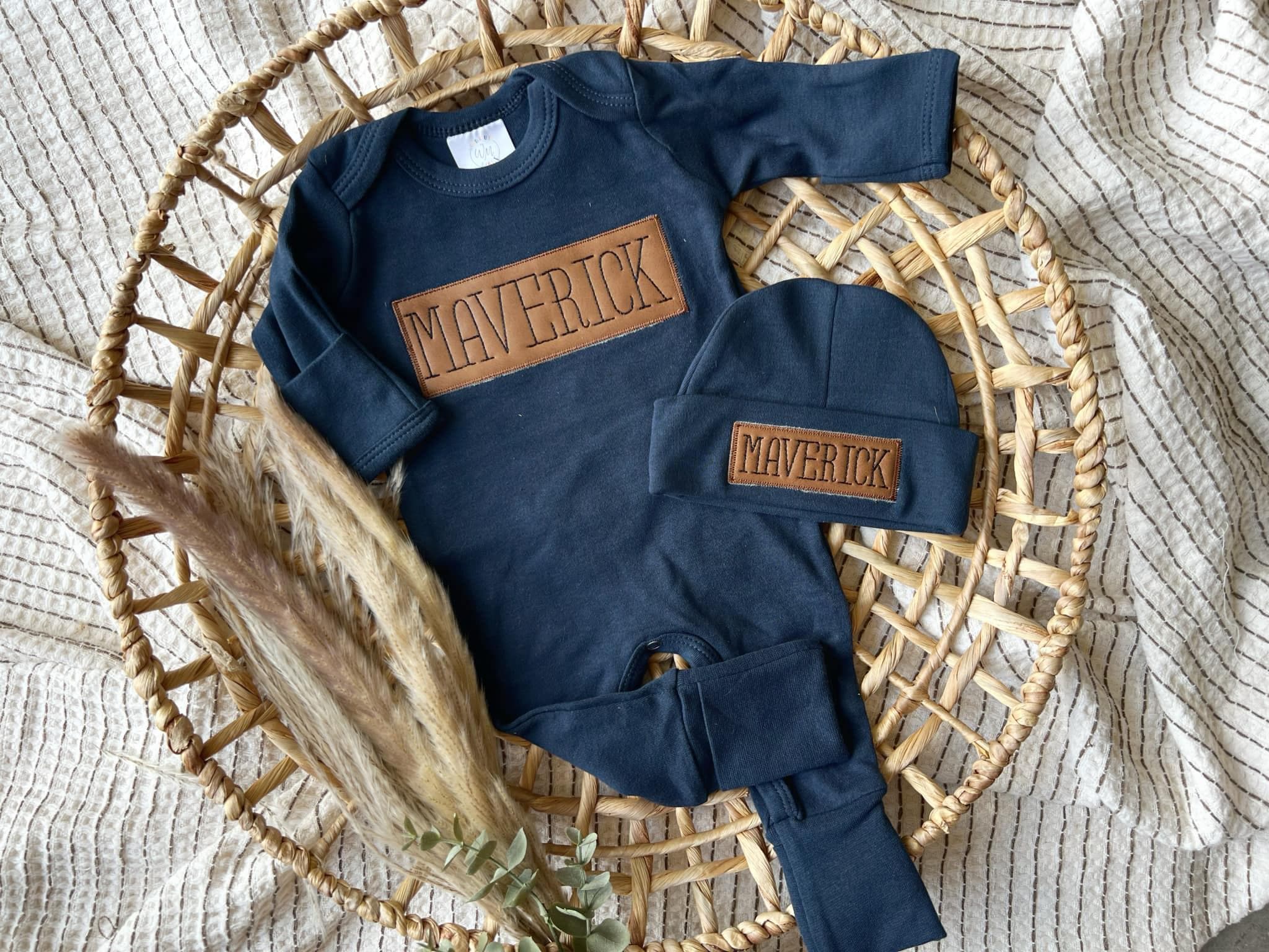 Personalized leather patch baby romper and hat set, custom infant boy coming home outfit, baby shower gift, with footies