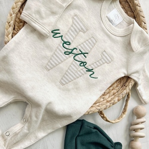 Personalized neutral baby romper and hat set, custom infant boy coming home outfit, baby shower gift, sleeper with footies Green Christmas image 4