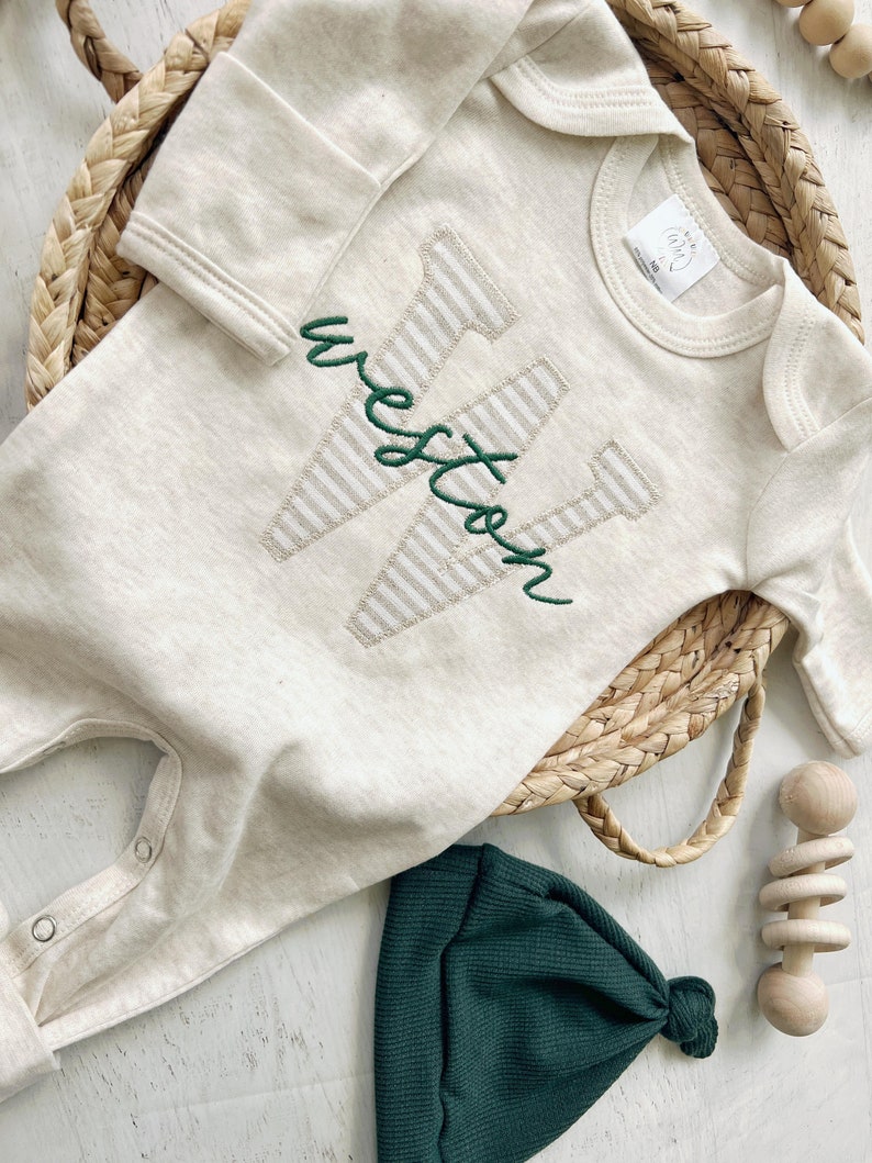 Personalized neutral baby romper and hat set, custom infant boy coming home outfit, baby shower gift, sleeper with footies Green Christmas image 4