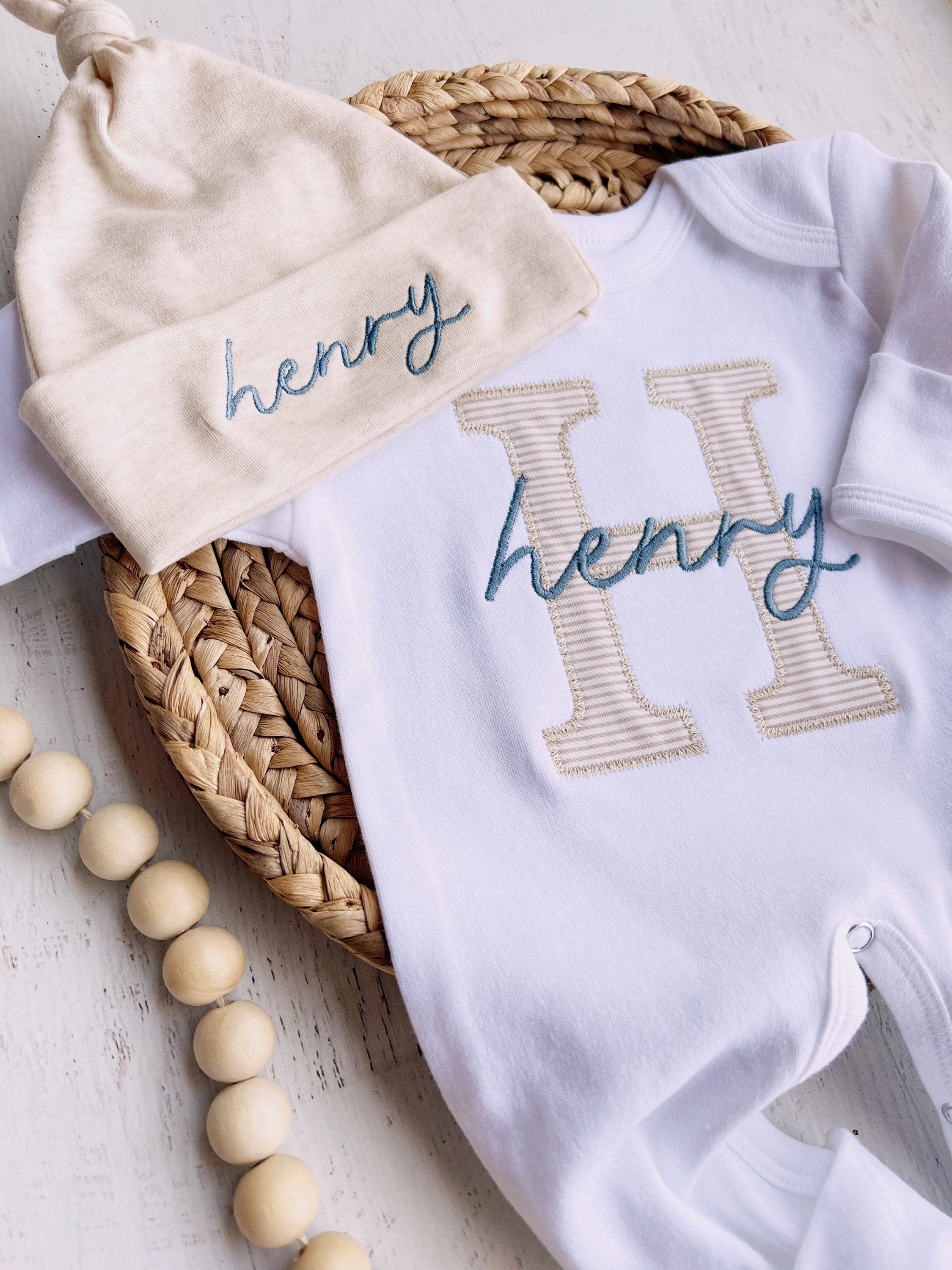 Personalized Neutral Baby Romper And Hat Set, Custom Infant Boy Coming Home Outfit