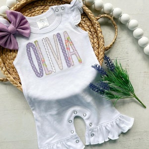 Personalized purple floral baby girl ruffle romper, baby shower gift for girl, vintage floral and lavender coming home outfit