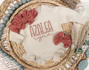 Personalized newborn knit ruffle sweater baby outfit, Custom cotton knitted baby bodysuit, coming home outfit