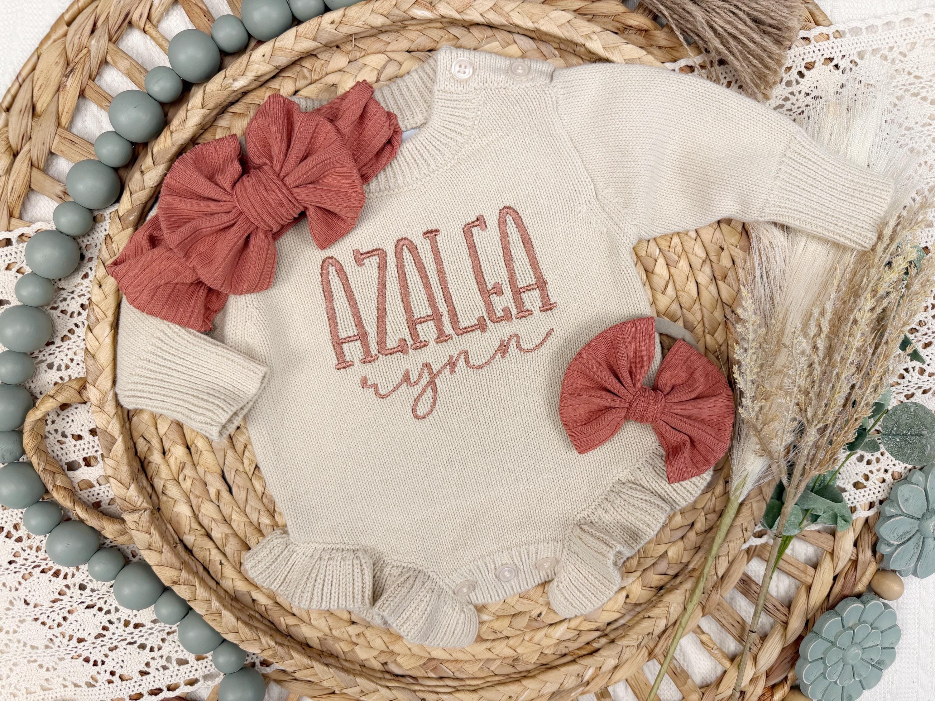 Personalized newborn knit ruffle sweater baby outfit, Custom cotton knitted baby bodysuit, coming home outfit