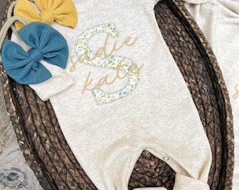 Personalized baby girl footie and hat set, vintage floral infant coming home outfit, baby shower gift, romper with footies