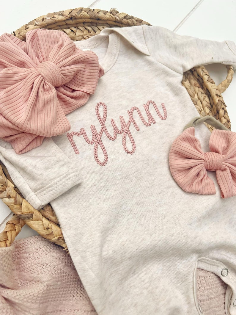 Personalized Oatmeal and Blush Vintage Stitch Girl Romper With Fold Over Footies, Custom Girl