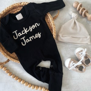 Personalized black baby romper and hat set, custom coming home outfit, sketch stitch boys outfit, baby shower gift, neutral beige