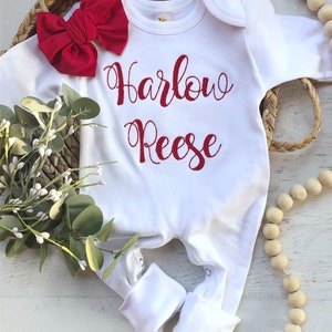 Personalized newborn Christmas romper and turban set, red and white custom baby outfit, baby shower gift for girl, red baby turban