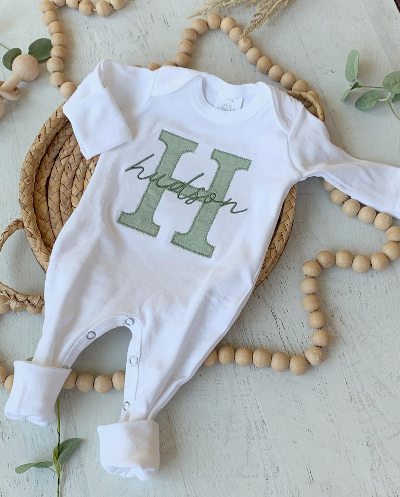 Personalized neutral baby romper and hat set, custom infant boy coming home outfit, baby shower gift, beige sleeper with footies, Sage Green image 2