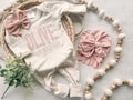 Baby Girl Coming Home Oufit Personalized oatmeal and blush vintage stitch girl romper with bow or turban, baby shower gift custom baby name