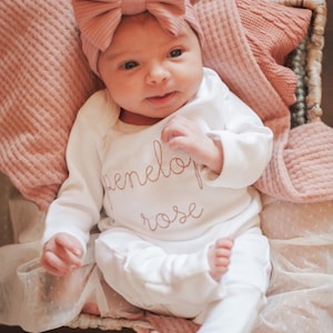 Personalized white and pink newborn outfit with headwrap; Custom white cotton baby romper with blush embroidery