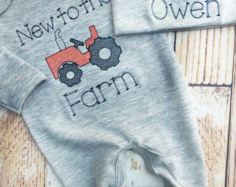 New to the farm romper, tractor coming home outfit for baby boy, farm boy sleeper, green tractor hospital outfit, ranch, sketch embroidery