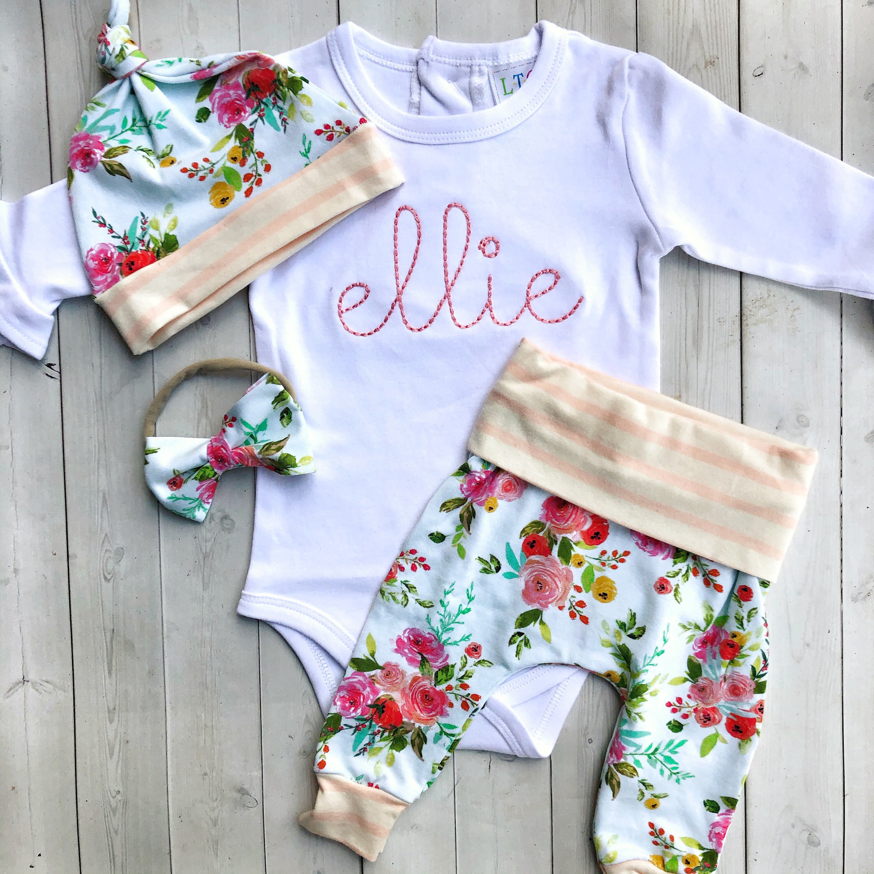 Personalized girl newborn coming home outfit floral baby Etsy