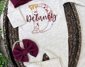 Baby girl clothes, baby girl coming home outfit, personalized burgundy baby girl outfit