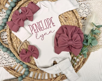 Personalized newborn coming home outfit for baby girl, Custom baby footie, natural