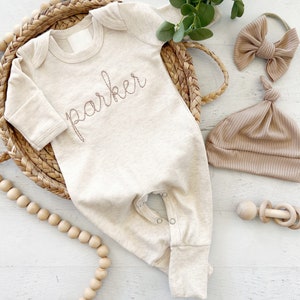 Personalized oatmeal and taupe vintage stitch romper with bow or hat, custom gender neutral coming home outfit, baby shower gift image 4