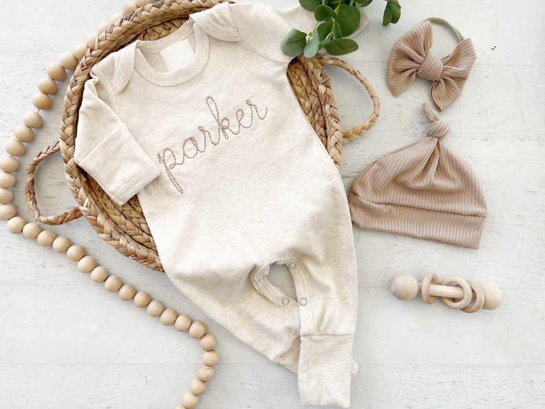 Personalized oatmeal and taupe vintage stitch romper with bow or hat, custom gender neutral coming home outfit, baby shower gift image 4