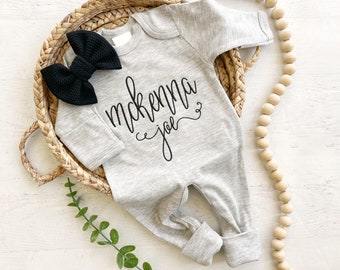 Personalized gray romper with bow, custom girl coming home outfit, baby shower gift, custom baby name outfit, black bow