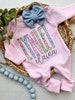 Personalized pink girl romper and bow, summer infant girl coming home outfit, custom, baby shower gift, pink sleeper with footies 