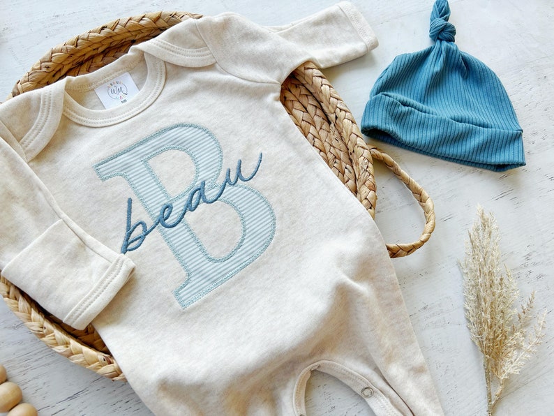 Personalized neutral baby romper and hat set, custom infant boy coming home outfit, baby shower gift, sleeper with footies blue Christmas image 1