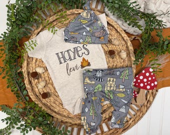 Personalized Little Camper Outfit, Baby Campfire Romper, First Camping Trip Baby Outfit, Outdoor Baby Shower Gift