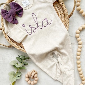 Personalized oatmeal and dusty purple vintage stitch girl romper with bow or turban, custom girl coming home outfit, baby shower gift