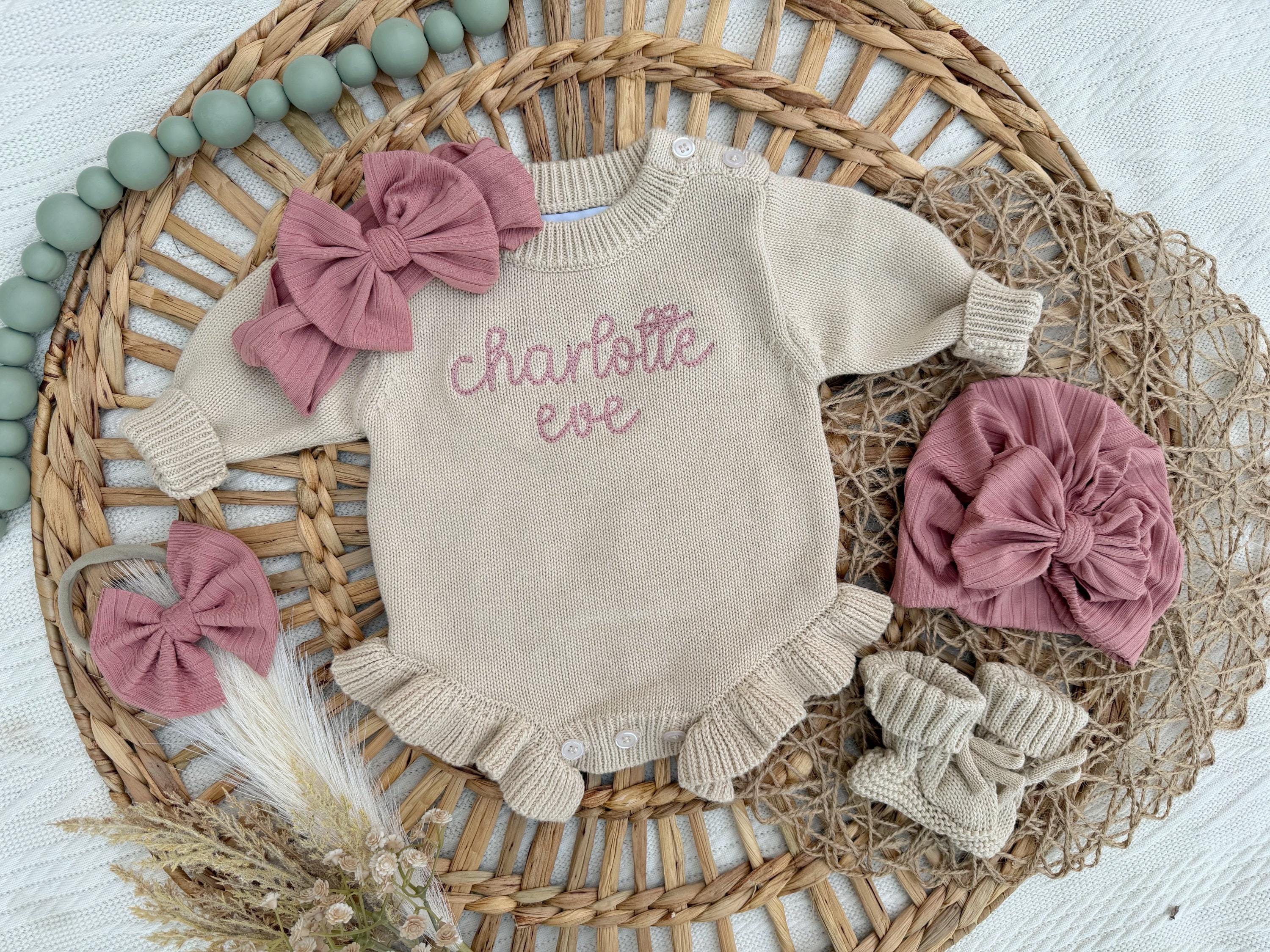 Personalized newborn knit ruffle sweater baby outfit, Custom cotton knitted baby bodysuit, coming home outfit