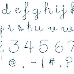 May include: A dark blue embroidered alphabet featuring lowercase cursive letters from a to z, numerals from 0 to 9, and a collection of symbols including an ampersand, apostrophe, at sign, comma, hyphen, exclamation point, hash, period, question mark, and slash.