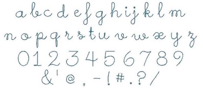 May include: A dark blue embroidered alphabet featuring lowercase cursive letters from a to z, numerals from 0 to 9, and a collection of symbols including an ampersand, apostrophe, at sign, comma, hyphen, exclamation point, hash, period, question mark, and slash.