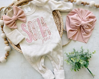 Custom pink baby girl coming home outfit, personalized outfit in blush and beige