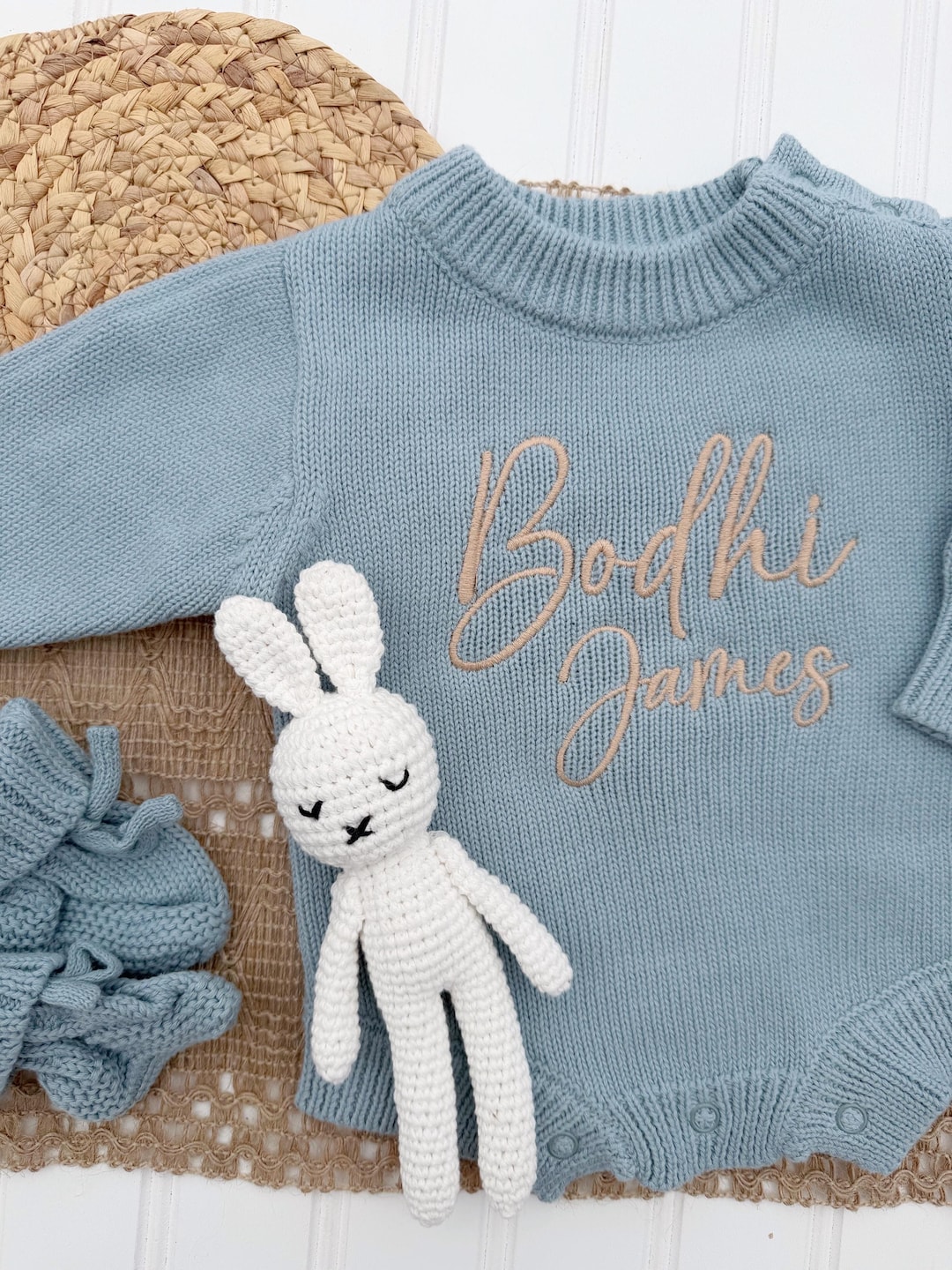 Personalized blue newborn knit sweater baby bubble, Custom cotton knitted baby outfit, going home outfit