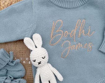 Personalized blue newborn knit sweater baby bubble, Custom cotton knitted baby outfit, going home outfit
