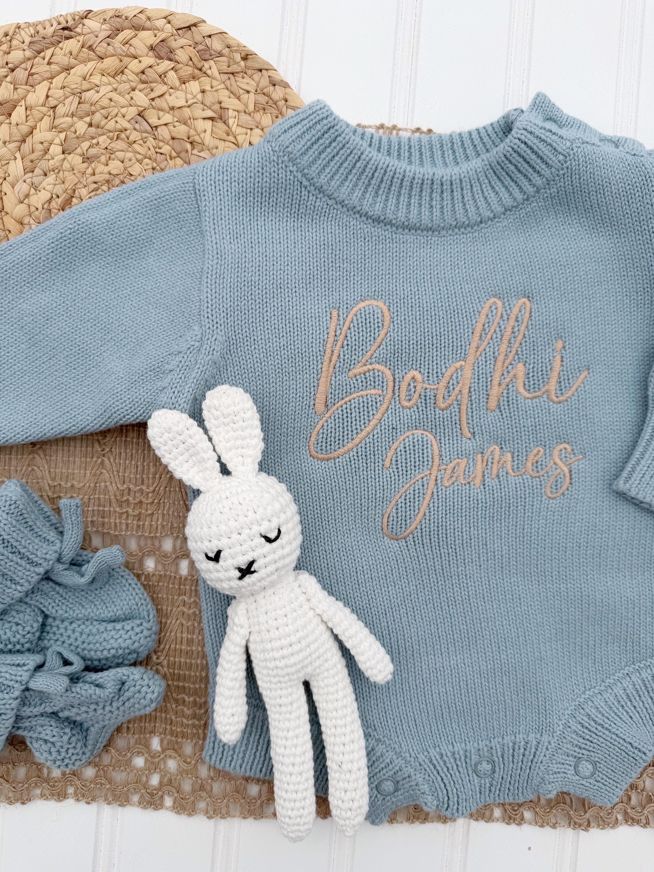 Personalized blue newborn knit sweater baby bubble, Custom cotton knitted baby outfit, going home outfit