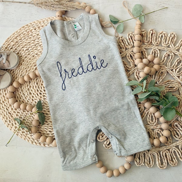 Personalized baby summer romper, custom infant boy coming home outfit, baby shower gift, navy and aqua, summer baby outfit tank sleeveless