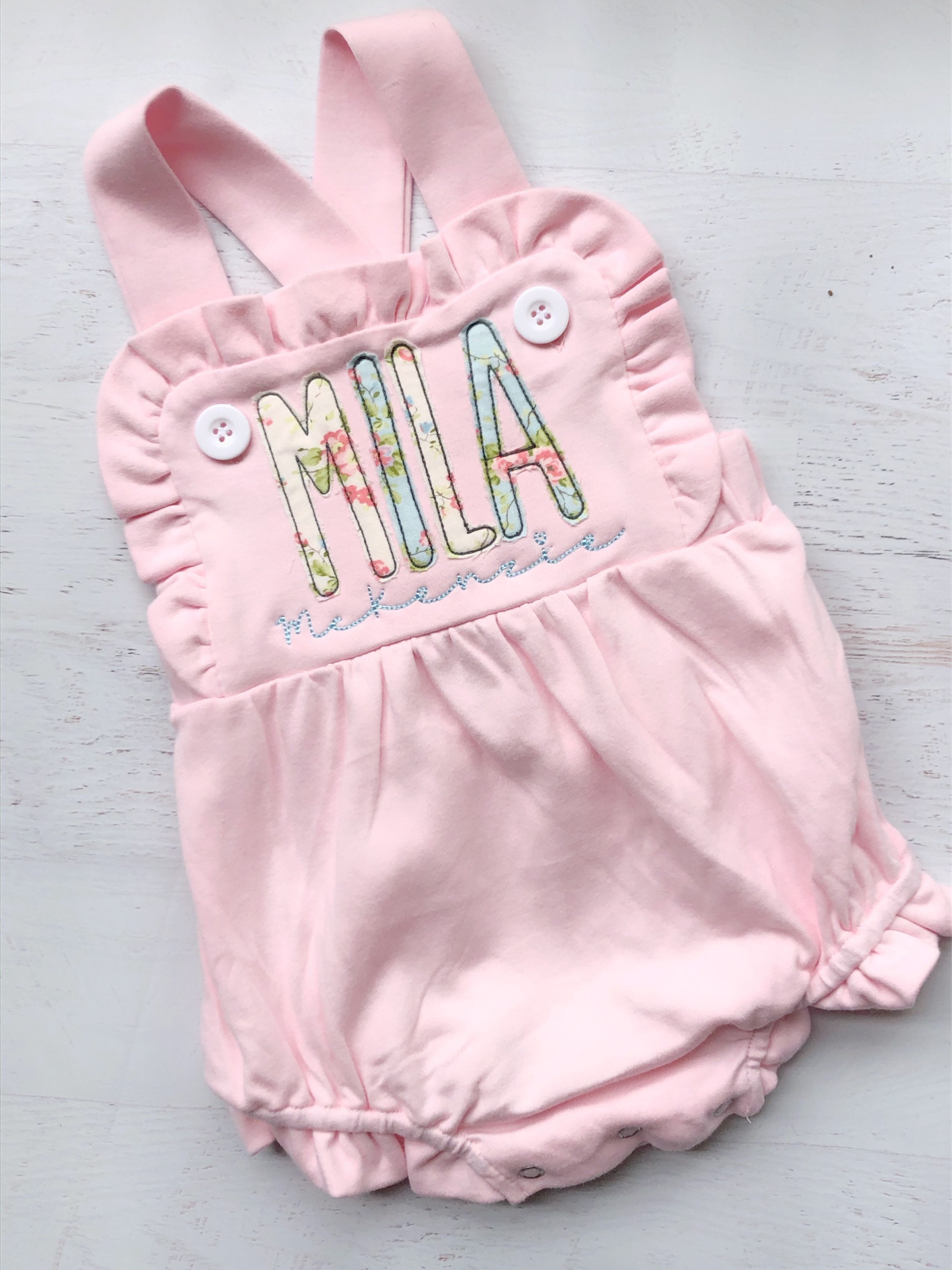 Pink personalized baby romper custom ruffle bubble pink Etsy