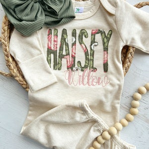 Personalized oatmeal olive floral gown and turban: newborn coming home outfit, muted floral olive tones, available as gown or romper