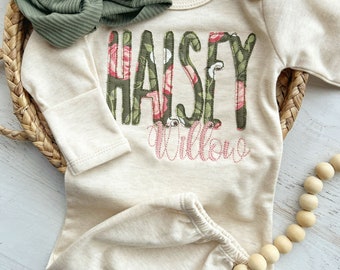 Personalized oatmeal olive floral gown and turban: newborn coming home outfit, muted floral olive tones, available as gown or romper
