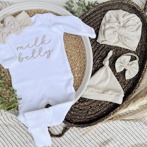 White romper with handmade bow or hat custom gender neutral coming home outfit baby shower gift milk belly