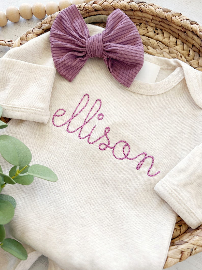 Personalized oatmeal and vintage mauve romper with bow or turban, custom girl coming home outfit, baby shower gift image 3