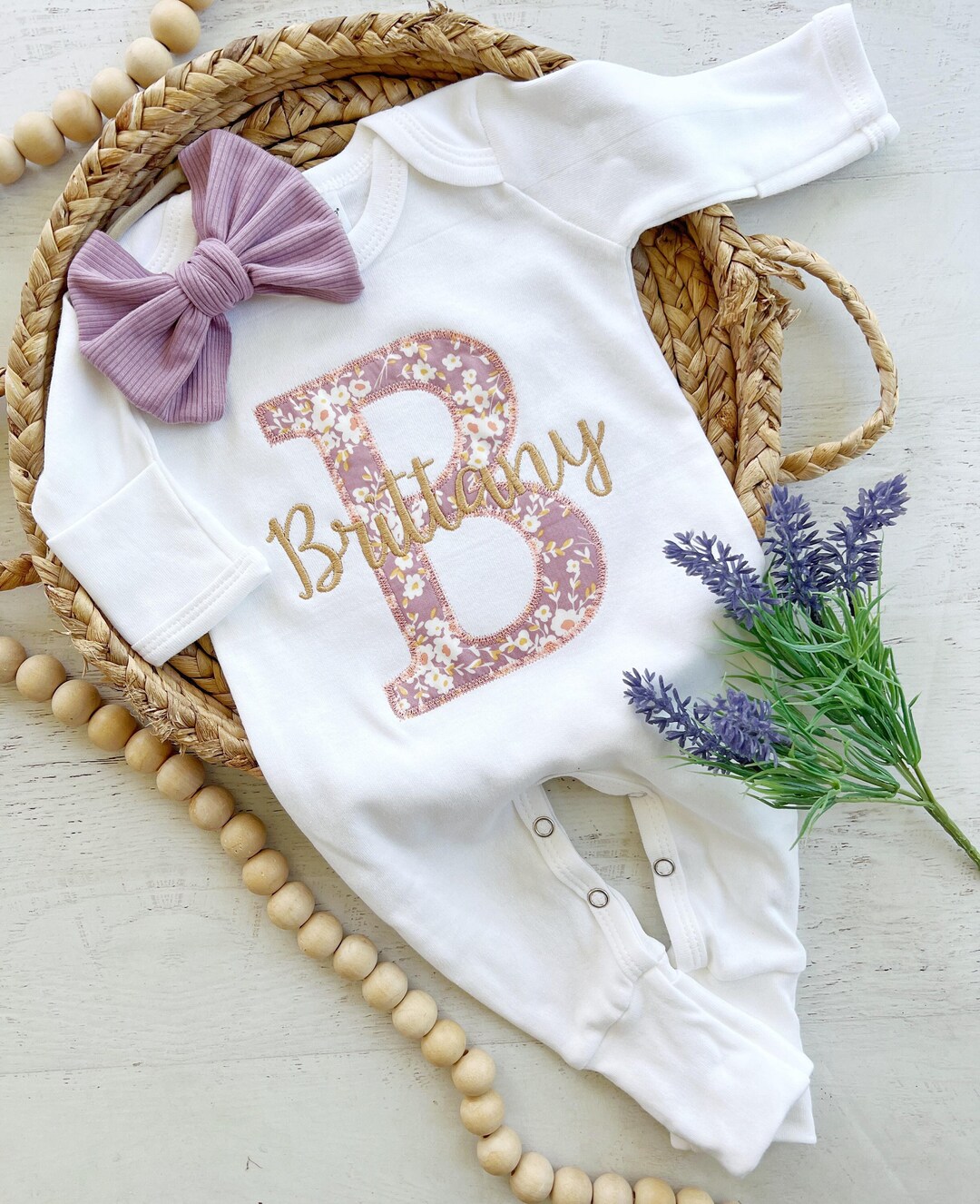 Personalized Baby Girl Romper and Hat Set, Vintage Floral Infant Coming