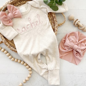 Personalized oatmeal and blush vintage stitch girl romper with bow or turban, custom girl coming home outfit, baby shower gift